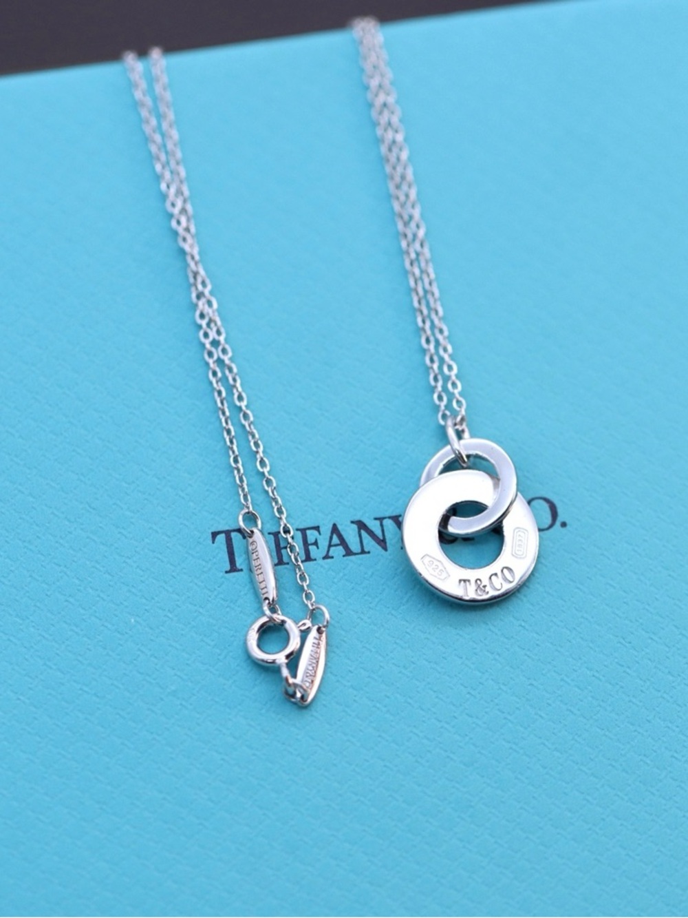 Tiffany & Co. Silver Interlocking Circle Necklace on Blue
